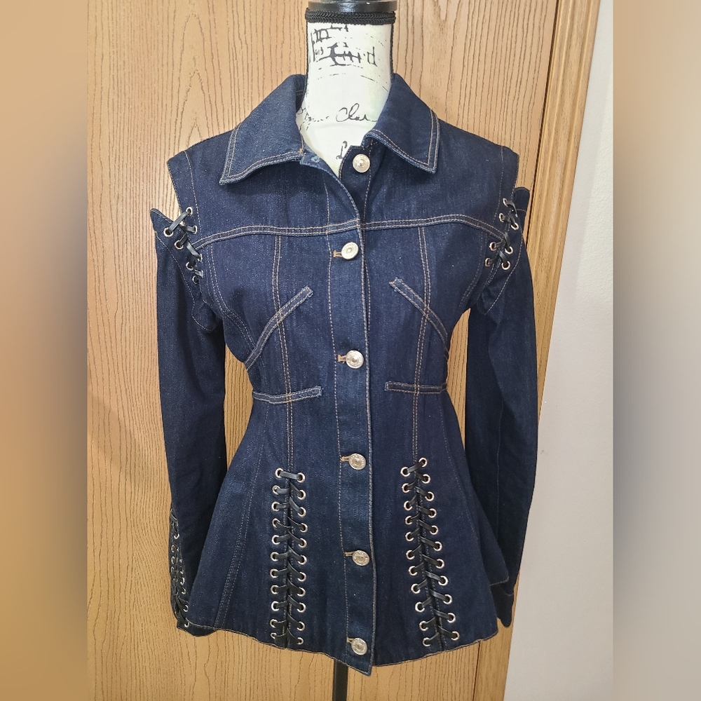 Lace Up Denim Corset Bustier Peplum Cutout Shoulder Jean Jacket Sydney Sweeney - Picture 3 of 5